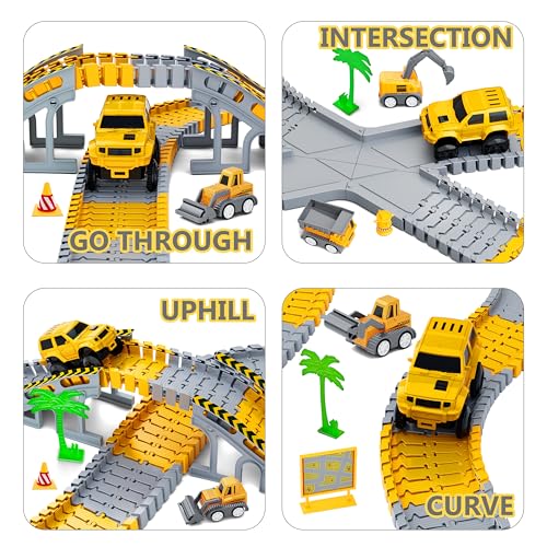 Hony Kids Toys 253 PCS Construction Race Tracks Toy for 3 4 5 6 7 8 Year Old Boys Girls, 5 PCS Construction Truck Car and Flexible Track Play Set Create A Engineering Road Games Toddler Toys Birthday Gifts - Image 3