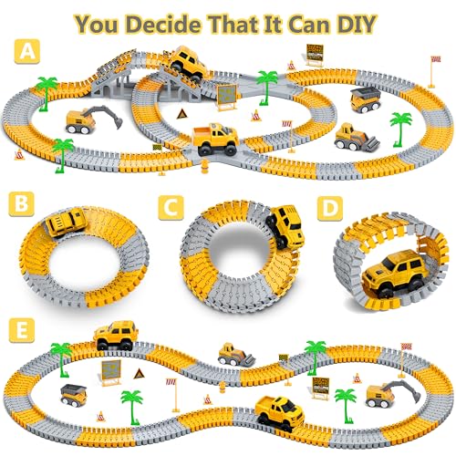 Hony Kids Toys 253 PCS Construction Race Tracks Toy for 3 4 5 6 7 8 Year Old Boys Girls, 5 PCS Construction Truck Car and Flexible Track Play Set Create A Engineering Road Games Toddler Toys Birthday Gifts - Image 4