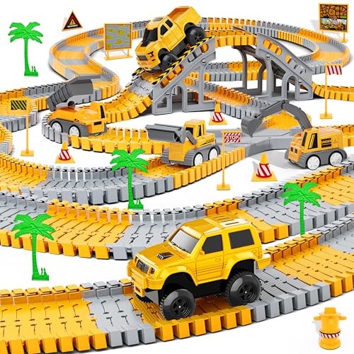 Hony Kids Toys 253 PCS Construction Race Tracks Toy for 3 4 5 6 7 8 Year Old Boys Girls, 5 PCS Construction Truck Car and Flexible Track Play Set Create A Engineering Road Games Toddler Toys Birthday Gifts - Image 1