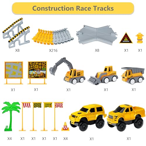 Hony Kids Toys 253 PCS Construction Race Tracks Toy for 3 4 5 6 7 8 Year Old Boys Girls, 5 PCS Construction Truck Car and Flexible Track Play Set Create A Engineering Road Games Toddler Toys Birthday Gifts - Image 2