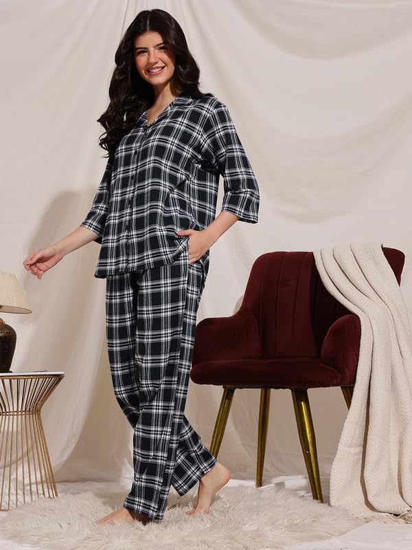 Clovia Women's Cotswool Checkered Shirt & Pyjama Set (LSW781P08_Navy Blue_S) - Image 3