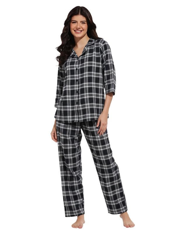 Clovia Women's Cotswool Checkered Shirt & Pyjama Set (LSW781P08_Navy Blue_S) - Image 1