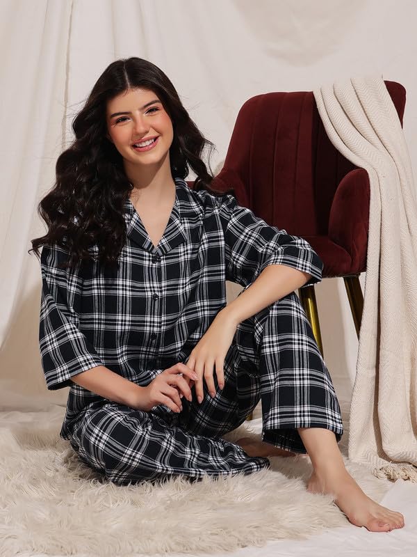 Clovia Women's Cotswool Checkered Shirt & Pyjama Set (LSW781P08_Navy Blue_S) - Image 5