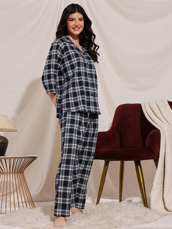 Clovia Women's Cotswool Checkered Shirt & Pyjama Set (LSW781P08_Navy Blue_S) - Image 4