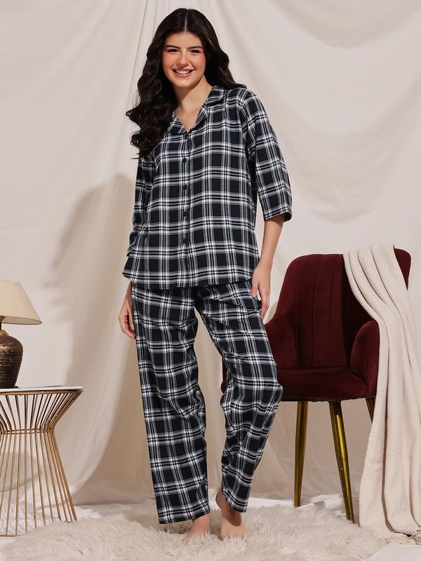 Clovia Women's Cotswool Checkered Shirt & Pyjama Set (LSW781P08_Navy Blue_S) - Image 2