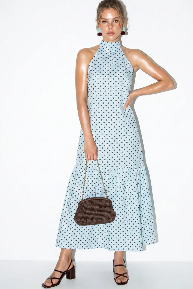 بيانكو لوتشي LUCCI Halter Polka Dot A-Line Maxi Dress