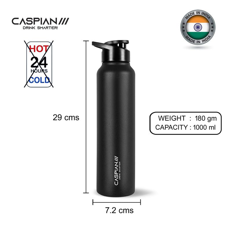 CASPIAN /// HIke ISI Certified Stainless Steel Water Bottle 1 ltr. (Knight Black, 1 Litre) | Leak Proof Sipper for Fridge Home Office Travel School Kids Boys Girls Adults Sports Gym Yoga |BPA Free - Image 3