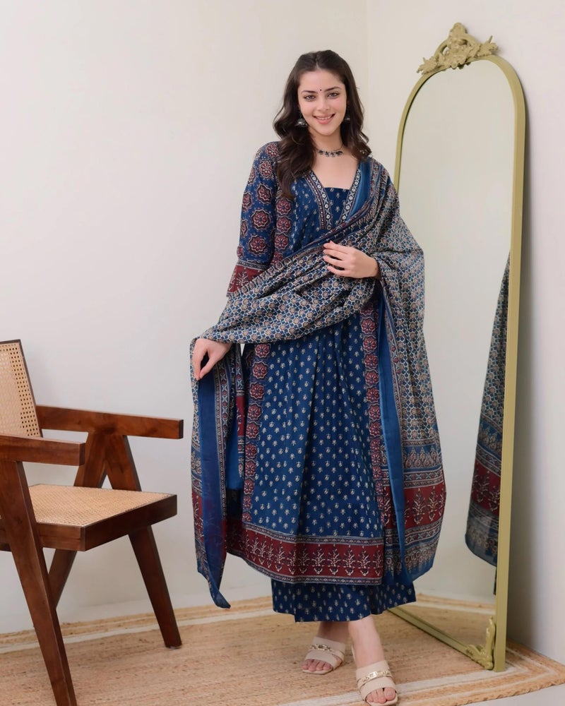 ANNI Designer Women's Rayon Viscose Anarkali Printed Kurta with Palazzo & Dupatta (NAKULA BLUE-VKS05_L_Blue_Large) - Image 3