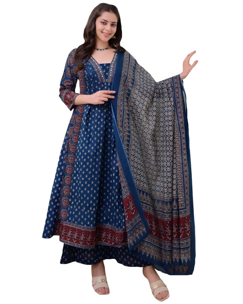 ANNI Designer Women's Rayon Viscose Anarkali Printed Kurta with Palazzo & Dupatta (NAKULA BLUE-VKS05_L_Blue_Large) - Image 1