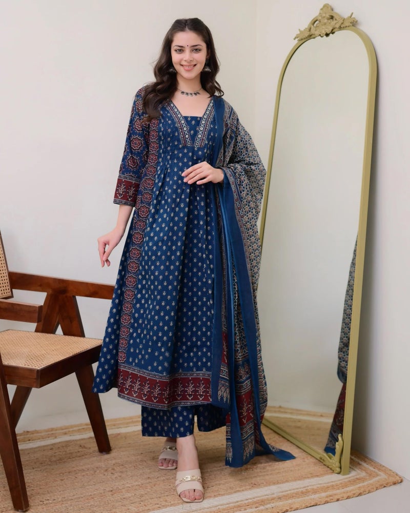 ANNI Designer Women's Rayon Viscose Anarkali Printed Kurta with Palazzo & Dupatta (NAKULA BLUE-VKS05_L_Blue_Large) - Image 2
