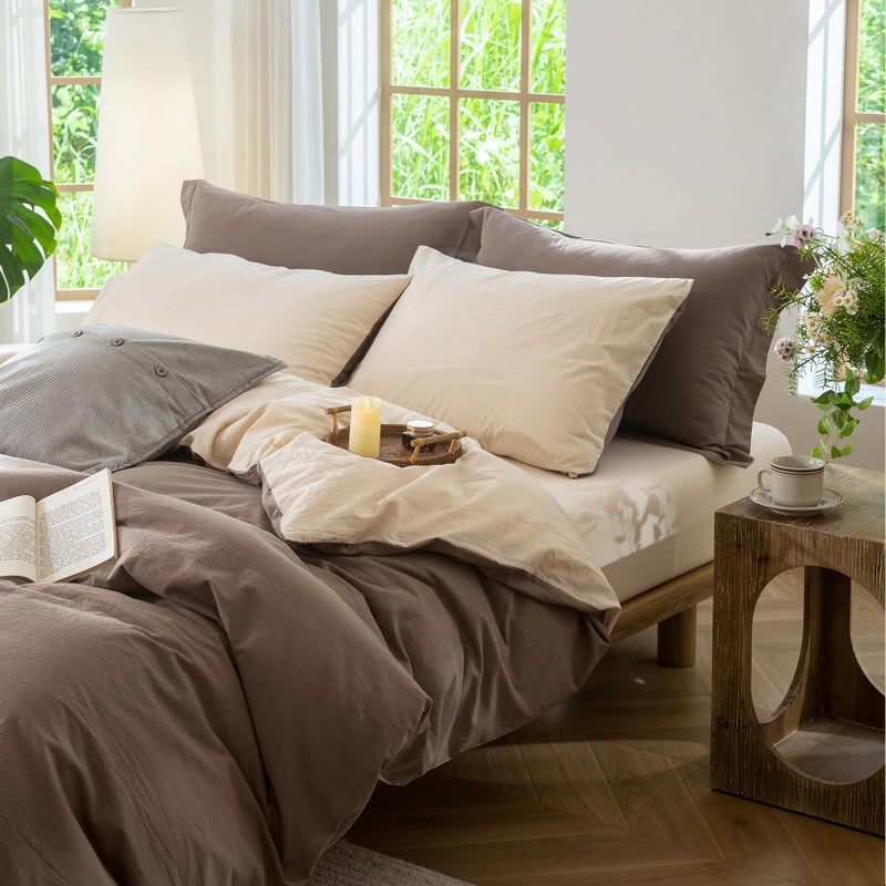 BDEAR INS Linen Feel Double Sided Reversible Duvet Cover Queen Size 90''W x 90''L, Percale 100% Washed Cotton Duvet Cover with Zipper Closure Plus 2 Pillowcases, Light Chocolate Brown plus Sandy Beige - Image 1