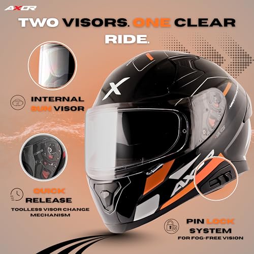 Axor Apex Turbine ISI ECE DOT Certified Full Face Dual Visor Helmet for Men and Women with Pinlock Fitted Outer Clear Visor and Inner Smoke Sun Visor Black Orange Grey Helmet-L - Image 2