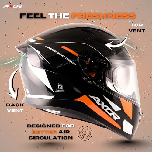 Axor Apex Turbine ISI ECE DOT Certified Full Face Dual Visor Helmet for Men and Women with Pinlock Fitted Outer Clear Visor and Inner Smoke Sun Visor Black Orange Grey Helmet-L - Image 4