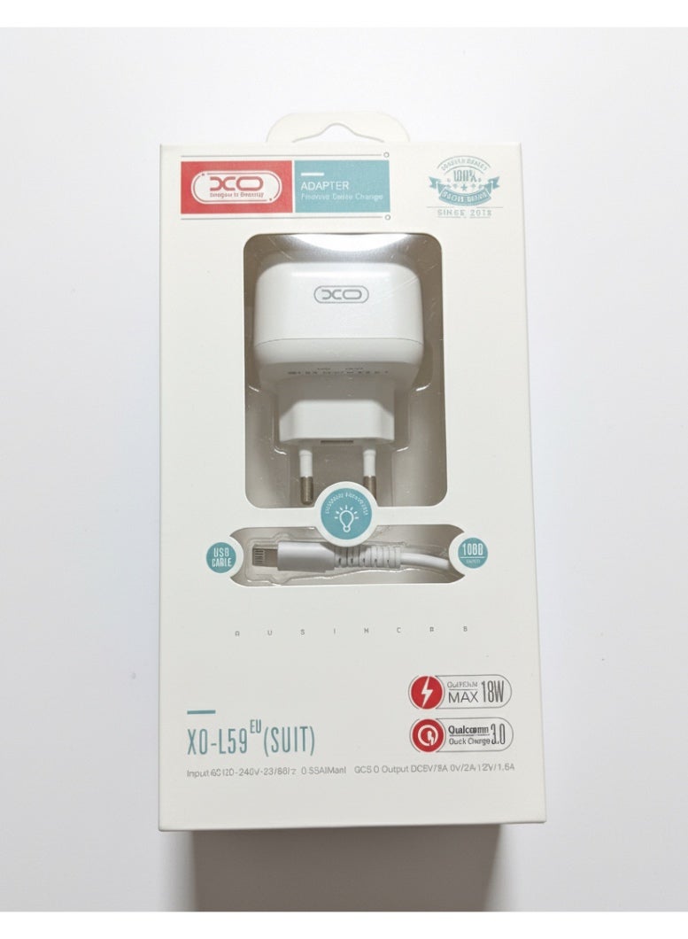 XO 18W Fast Wall Charger with 1m Lightning Cable for iPhone & iPad Charger, QC3.0, EU Plug - Image 1