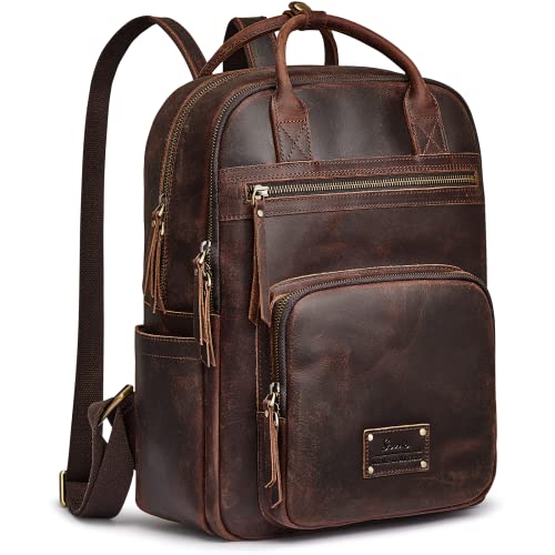 S-ZONE Vintage Genuine Leather Backpack Purse for Women Men Rucksack Travel Daypack with Luggage Sleeve - Image 1