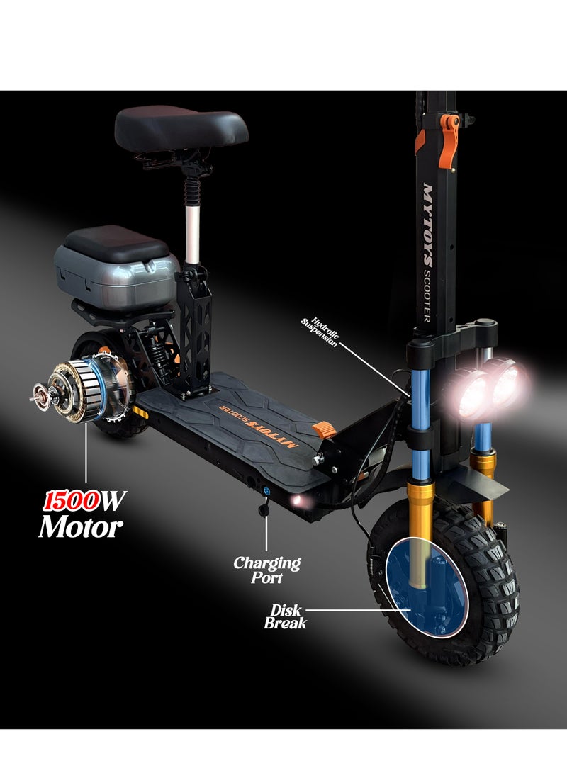 Mytoys MT590 High Speed Electric Scooter 65 km/h Speed,1500W Brushless Motor, High Capacity Battery 20Ah,60km Range With Adjustable Leather Seat Super Hydrolic Suspension, Back Cushion Storage Box - Image 5
