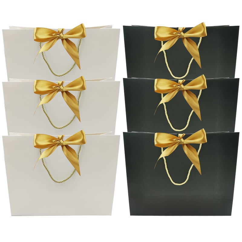 DUGYIRS 6 Pieces Gift Bags Party Favor Bags 32 x 25 x 11 cm,Paper Gift Bags with Handles and Butterfly Knot Ribbon for Kids Birthday Fiesta Wedding Party Celebrations(White,Black) - Image 1