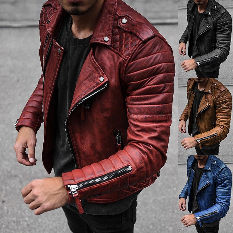 Men's Slim Fit PU Leather Jacket with Turn-Down Collar - Image 1