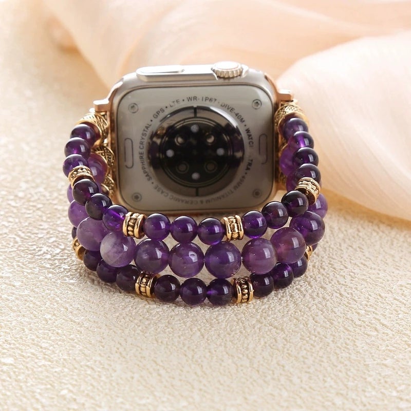 Bluejw Handmade Beaded Elastic Stretch Bracelet Replacement Strap with Amethyst Beads for Apple Watch 38mm 42mm – Replace the Watch Strap Easily - Image 1