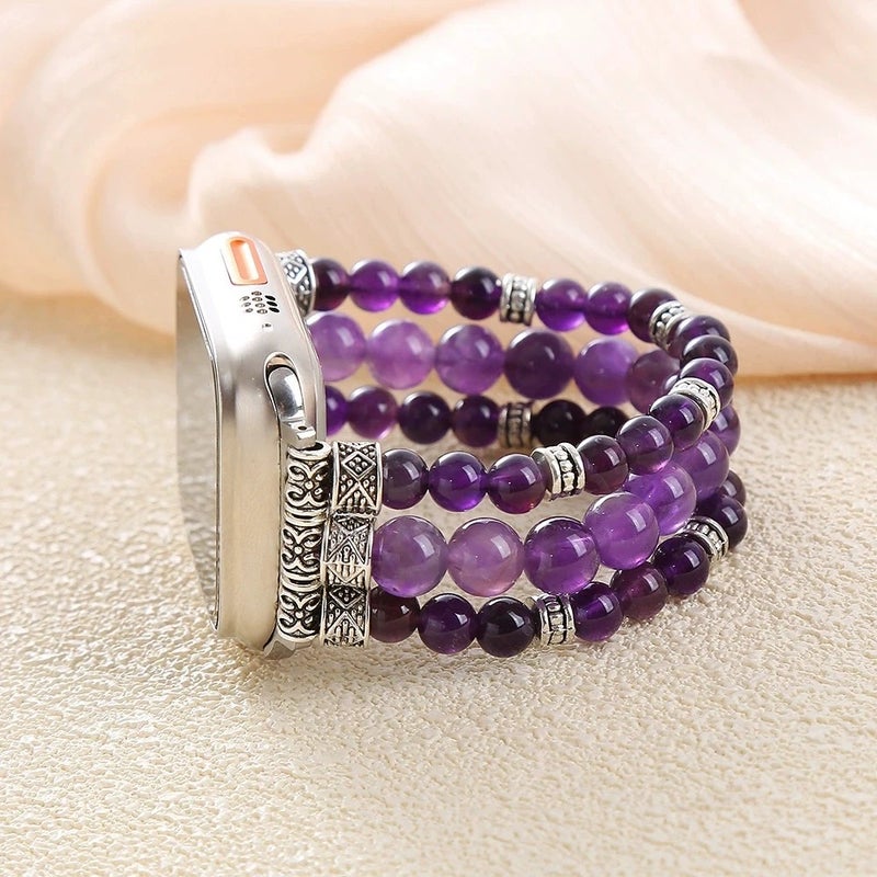 Bluejw Handmade Beaded Elastic Stretch Bracelet Replacement Strap with Amethyst Beads for Apple Watch 38mm 42mm – Replace the Watch Strap Easily - Image 2