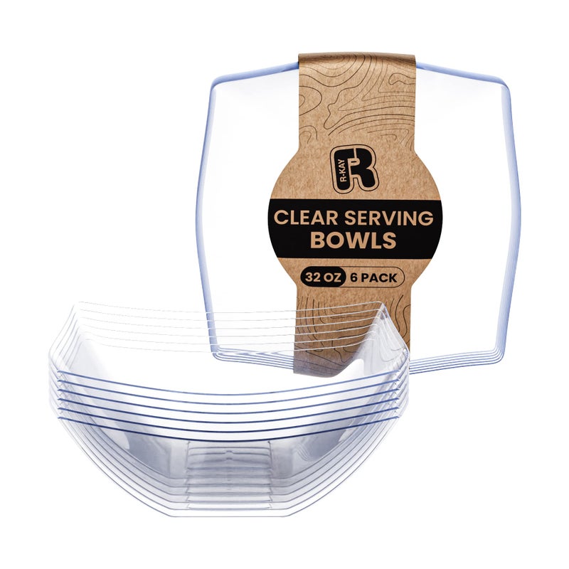 R-kay 6 Pack Square Plastic Serving Bowls - Clear Plastic bowls 32 Oz - Salad Bowls Large Serving, Premium Duty For Weddings Catering And Birthday parties - Image 1