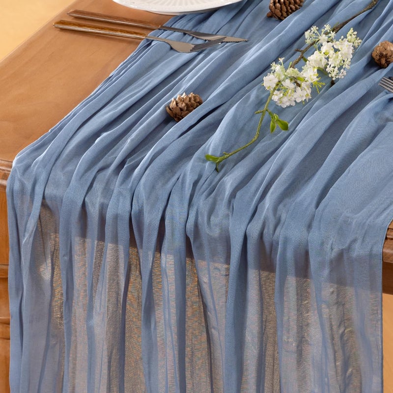 LINXTAR Dusty Blue Table Runner Cheesecloth Table Runner 10FT Rustic Table Runners 35 x 122 Inches Boho Decoration for Home Wedding Baby Shower Birthday Party