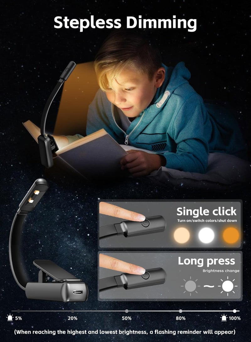MACAIIROOS Book Light, Reading Book Clip Light, 3 Color & Stepless Dimming Brightness, LED Clip Reading Light, Eye-Care USB Rechargeable Reading Lamp for Kids, Flexible Clip-on Book Light for Reading in Bed，desk lamp - Image 3