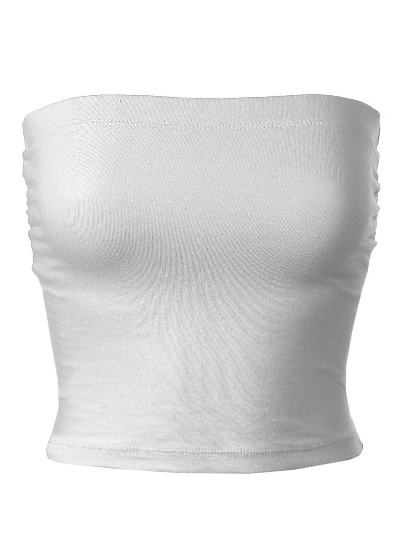 MixMatchy Women's Solid Casual Summer Ruched Side Backless Double Layered Tube Top with Built in Bra White - Image 1