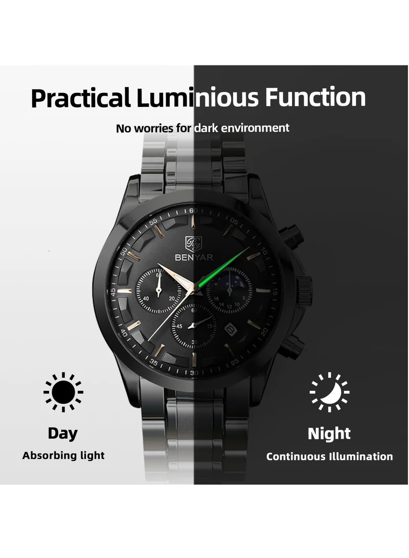 Benyar BLACK A BY BENYAR Men's Chronograph Watch 30 m Waterproof Luminous Classic Fashion Watches Large Dial Date Analogue Quartz Watch Elegant Gift for Men for Men | Best Price UAE