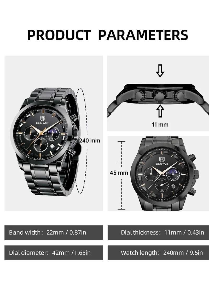 Benyar BLACK A BY BENYAR Men's Chronograph Watch 30 m Waterproof Luminous Classic Fashion Watches Large Dial Date Analogue Quartz Watch Elegant Gift for Men for Men | Best Price UAE