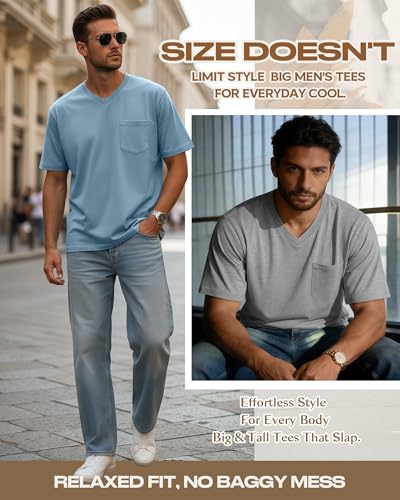 Ficerd 3 Pack Big and Tall Men's V Neck T Shirts Short Sleeve Plus Size Tees Loose Casual Basic Oversized Tops with Pocket(Navy Blue, Light Gray, Light Blue,4X-Large) - Image 2