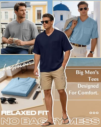 Ficerd 3 Pack Big and Tall Men's V Neck T Shirts Short Sleeve Plus Size Tees Loose Casual Basic Oversized Tops with Pocket(Navy Blue, Light Gray, Light Blue,4X-Large) - Image 5