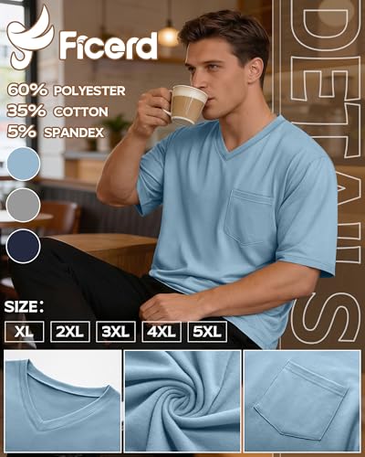 Ficerd 3 Pack Big and Tall Men's V Neck T Shirts Short Sleeve Plus Size Tees Loose Casual Basic Oversized Tops with Pocket(Navy Blue, Light Gray, Light Blue,4X-Large) - Image 4