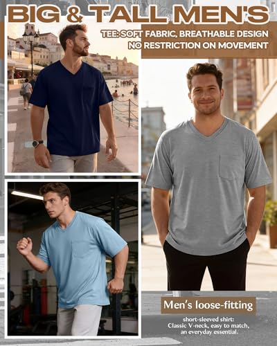 Ficerd 3 Pack Big and Tall Men's V Neck T Shirts Short Sleeve Plus Size Tees Loose Casual Basic Oversized Tops with Pocket(Navy Blue, Light Gray, Light Blue,4X-Large) - Image 3