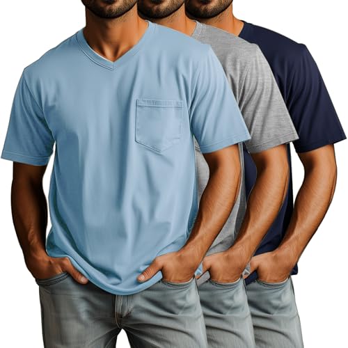 Ficerd 3 Pack Big and Tall Men's V Neck T Shirts Short Sleeve Plus Size Tees Loose Casual Basic Oversized Tops with Pocket(Navy Blue, Light Gray, Light Blue,4X-Large) - Image 1