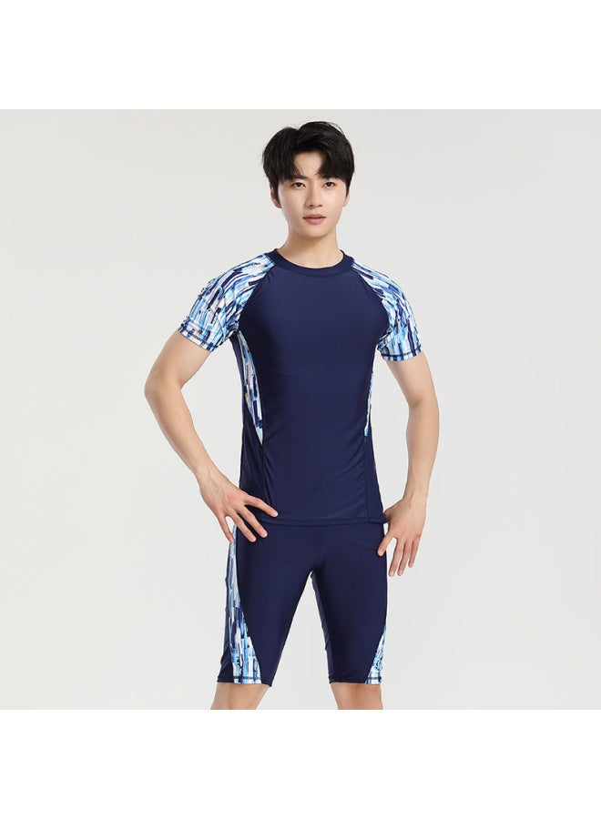 Loquat Two-piece Swimsuit Men's Sun Protection Quick-drying Short-sleeved Shirt Youth Five-point Boxers Sports Training Hot Spring Suit-Color:86 Blue- - Image 1