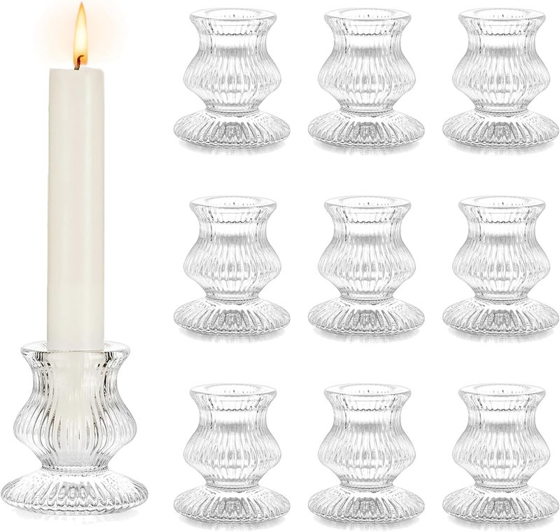 Luckam Glass Taper Candle Holders, 10PCS Clear Candle Holder Candlestick Holders, Crystal Ribbed Candle Sticks Holder Decor for Table Centerpiece Wedding Advent Wreath  s Thanksgiving Dinner - Image 1