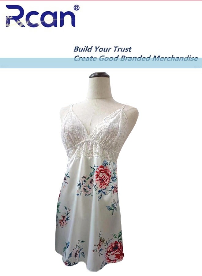 Rcan Fashion French Vintage Style Court Women's Home Lingerie Floral Print Satin Backless Sling Ladies Boudoir Dress V-Neck Pajamas Short Mini Nightdress Sleepwear - Image 1