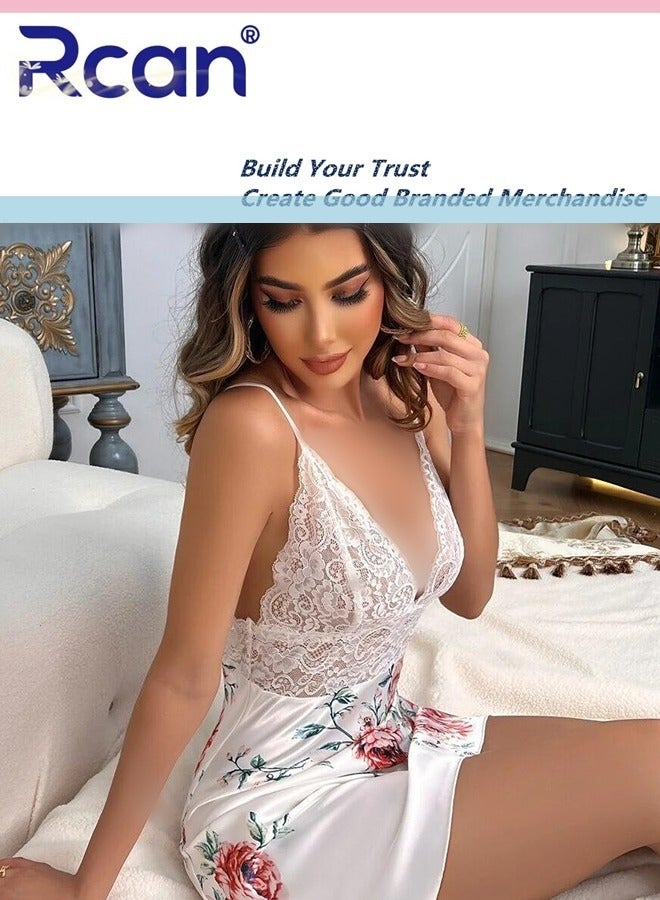 Rcan Fashion French Vintage Style Court Women's Home Lingerie Floral Print Satin Backless Sling Ladies Boudoir Dress V-Neck Pajamas Short Mini Nightdress Sleepwear - Image 3