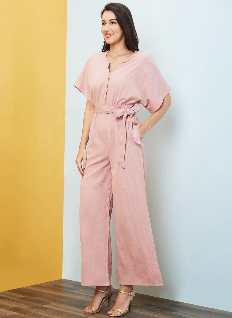 Globus pink Globus Women's Pink Self Design Casual Jumpsuit with Round Neck V Cut Kimono Sleeves and Belted Waist for Women | Best Price UAE