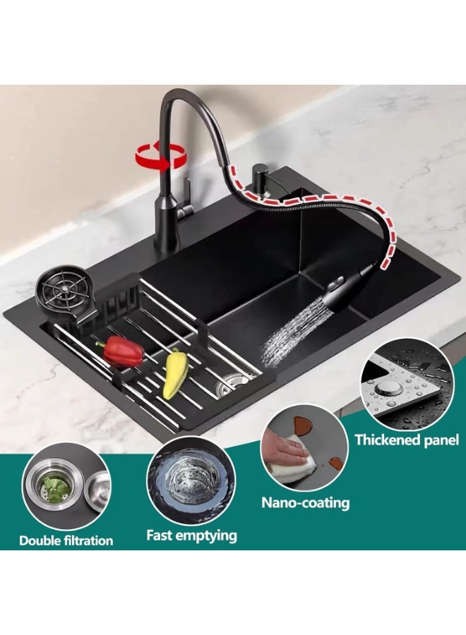 YD Single Bowl Kitchen Sink with Pull Down Faucet, Soap Dispenser, Drain Accessories and Roll Up Drying Rack, Deep Basin Stainless Steel Sink for Modern Kitchen, Utility and Prep Areas - Image 3
