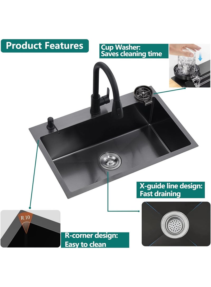 YD Single Bowl Kitchen Sink with Pull Down Faucet, Soap Dispenser, Drain Accessories and Roll Up Drying Rack, Deep Basin Stainless Steel Sink for Modern Kitchen, Utility and Prep Areas - Image 2