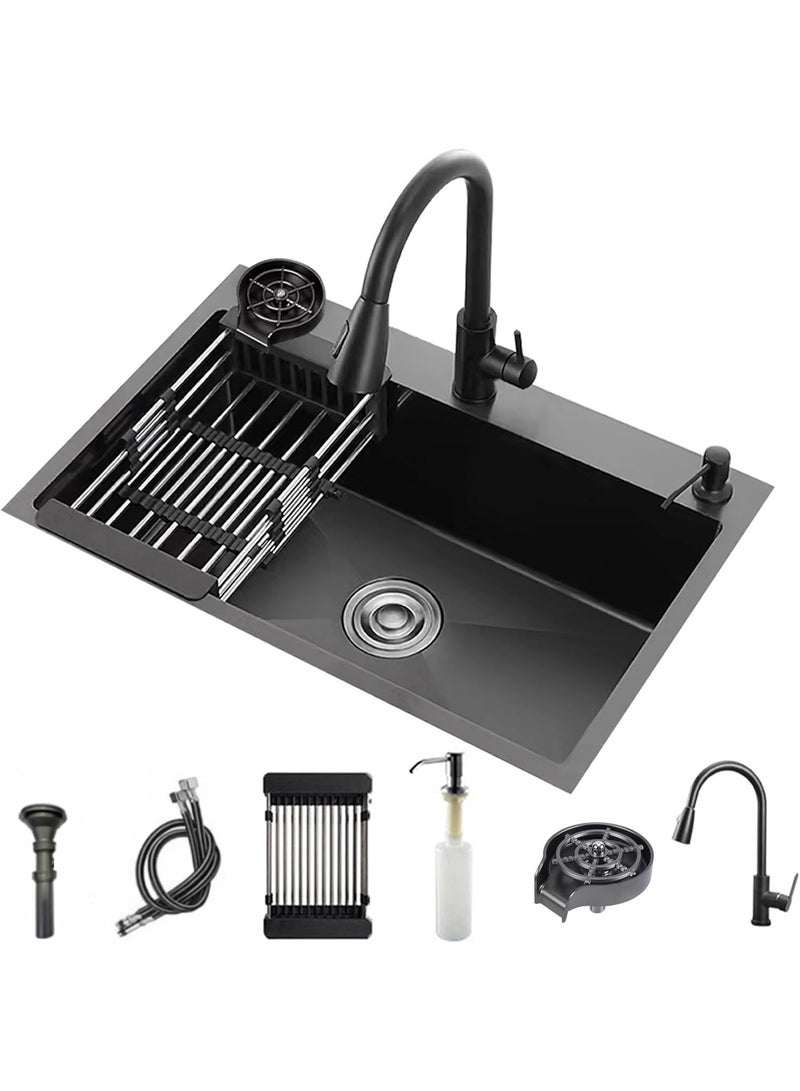 YD Single Bowl Kitchen Sink with Pull Down Faucet, Soap Dispenser, Drain Accessories and Roll Up Drying Rack, Deep Basin Stainless Steel Sink for Modern Kitchen, Utility and Prep Areas - Image 1