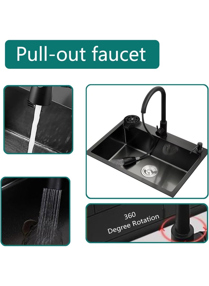 YD Single Bowl Kitchen Sink with Pull Down Faucet, Soap Dispenser, Drain Accessories and Roll Up Drying Rack, Deep Basin Stainless Steel Sink for Modern Kitchen, Utility and Prep Areas - Image 5