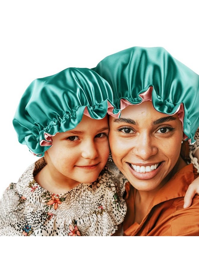 sent hair - Mommy And Me Bonnet Set Adjustable Hair Bonnet For Women And Baby/Kids/Toddler (03 Years Old) Double Layer Satin Bonnet Sleep Cap Curly Hair Cap (Green/Bean Paste) - Image 1