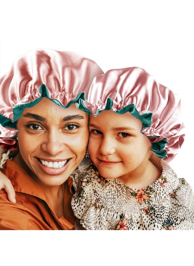 sent hair - Mommy And Me Bonnet Set Adjustable Hair Bonnet For Women And Baby/Kids/Toddler (03 Years Old) Double Layer Satin Bonnet Sleep Cap Curly Hair Cap (Green/Bean Paste) - Image 1