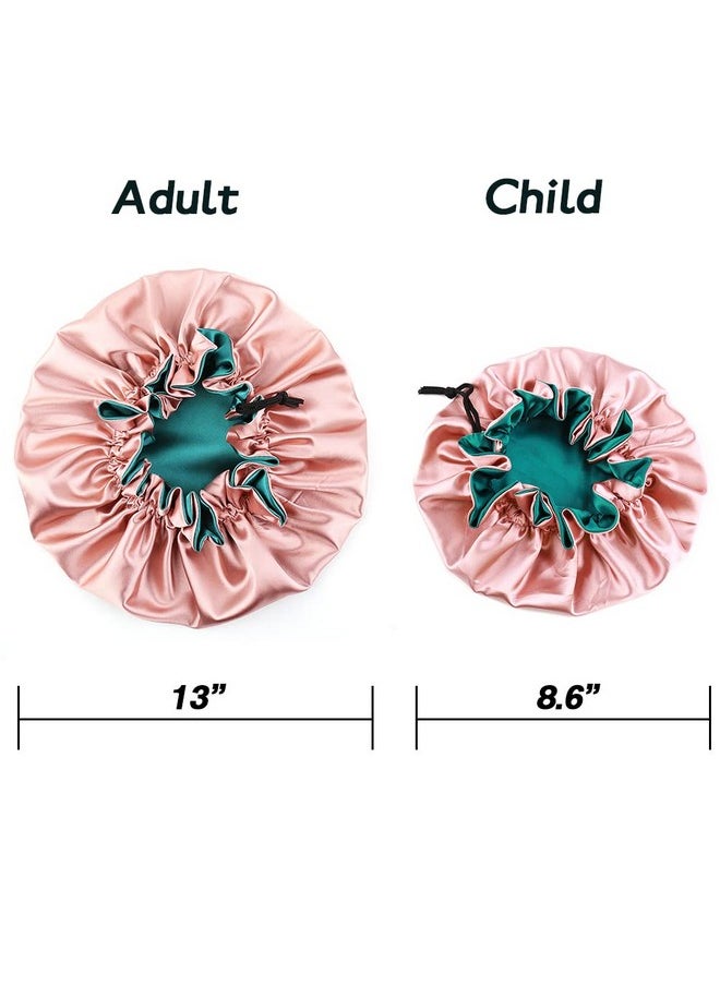 sent hair - Mommy And Me Bonnet Set Adjustable Hair Bonnet For Women And Baby/Kids/Toddler (03 Years Old) Double Layer Satin Bonnet Sleep Cap Curly Hair Cap (Green/Bean Paste) - Image 1