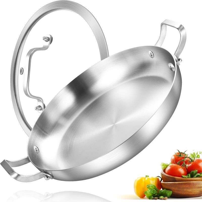 Inqibee 13Inch TriPly Stainless Steel Paella Pan with LidGriddleLarge SkilletInduction Cooking PanDishwasher and Oven Safe