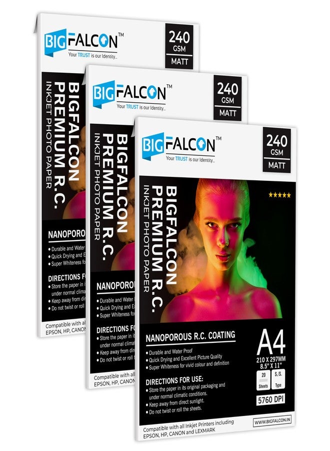 BIGFALCON Premium MATT Photo Paper 240 GSM A4 Size (210x297mm) RC Resin Coated Water proof Inkjet Photo Paper 60 Sheets for all Inkjet Printer (Pack of 3) - Image 1