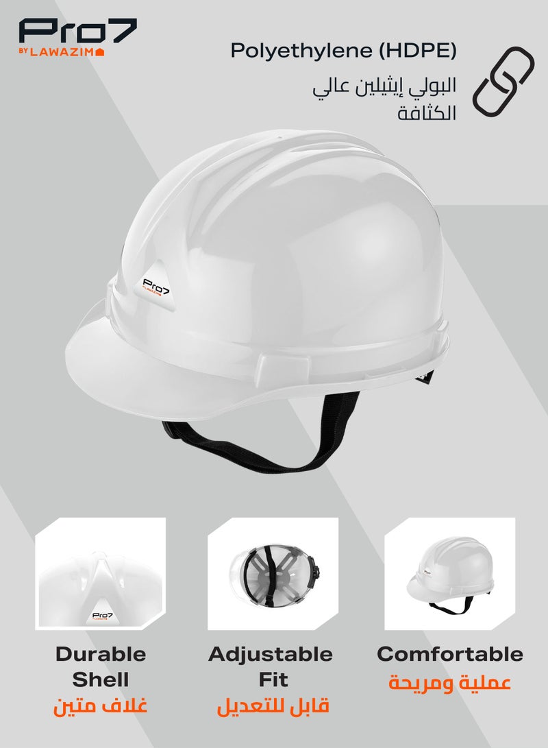 LAWAZIM Pro7 Deluxe Safety Helmet - White - HDPE Hard Hat with Reinforced Shell, 4-Point Suspension, Sweatband, and Adjustable Chin Strap - Ideal for Construction, Industrial, Warehouse, and Maintenance Use - Image 2
